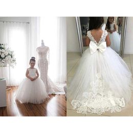 Christening dresses White lace childrens flower girl dress with thin gauze stickers princess floor length wedding party baptism first communion Q0521