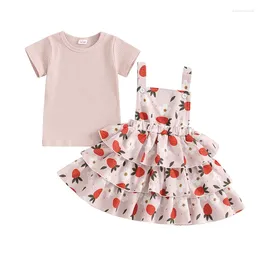 Clothing Sets Little Girls 2 Piece Summer Outfits Round Neck Short Sleeve Ribbed Tops Flower Layered Suspender Skirt Toddler Set