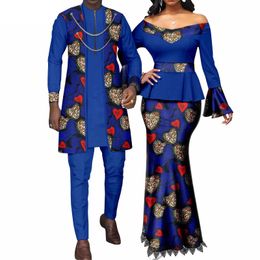 African Couple Matching Clothes for Wedding Women Slim Mermaid Dress Bazin Riche Men Coat Top Pant 3pcs Sets Dashiki Outfits 240521