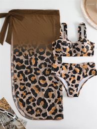Women's Swimwear Sexy Leopard Print 3 Piece Bikini Set 2024 Women Halter Push Up Underwire Mesh Skirt Swimsuit Bathing Suit High Waist