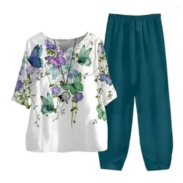 Women's Two Piece Pants Women Print Two-piece Set T-shirt Floral Homewear Stylish Round Neck Top Wide For Comfortable