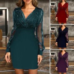 Casual Dresses Women Evening Dress See-through Mesh Long Sleeve Shiny Slim Fit Tight Waist Sheath Solid Colour Party Prom Mini