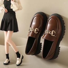 Casual Shoes Chunky Loafers Women Genuine Cow Leather Platform Round Toe Metal Chain Slip On Ladies Flats Handmade 2024