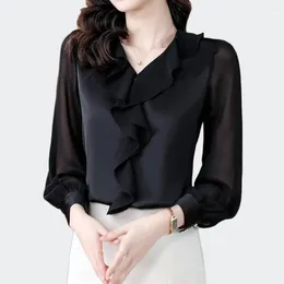 Women's Blouses Fashion Ruffles Design Black Office Ladies Tops And Women 2024 Summer Casual Long Sleeve White Shirts Blusas Mujer