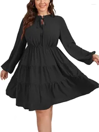 Casual Dresses Black Spring Autumn Ruffles Women's Midi Dress 2024 Solid Color Elegant Long Sleeve Women Oversize Size