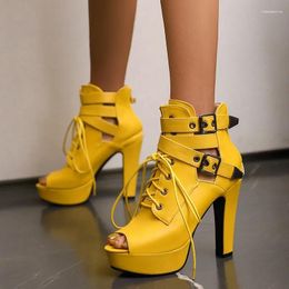 Boots Red Yellow White Women Peep Toe Ankle Booties Platform Lace Up High Heels Female Belt Buckle Autumn Winter Sexy Shoes Large Size