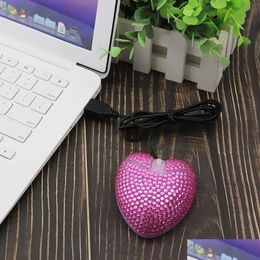 Mice Wired Computer Mouse Usb Optical Cute Pink Love Heart With Diamond Super Slim Pc Mause 3D For Friends Girls Kids Laptop Drop De D Otthb