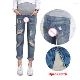 Women's Jeans Woman Abdomen Support Open Crotch Ripped Jean Fat Girl Loose Sexy Pants Toilet Easy Take Off Hole Elastic Waist Belt Costume