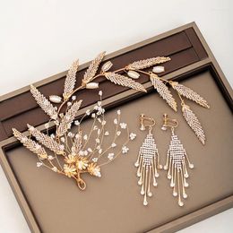 Hair Clips Baroque Gold Colour Rhinestone Headbands Clip Earring Sets Crystal Wedding Bridal Leaf Accessories For Women 2 Pcs Headpiece