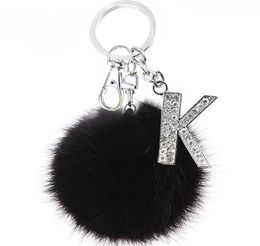 TEH y Black Pompom Faux Rabbit Fur Ball Keychains Crystal Letters Key Rings Key Holder Trendy Jewelry Bag Accessories Gift G10195592493