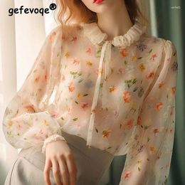 Women's Blouses Ruffled Floral Printed Lace Up Blouse Vintage Long Sleeve Chiffon Shirt Sweet Chic Fairy Tops 2024 Spring Autumn Blusas
