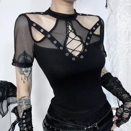 Women's T Shirts Mesh See Through Short Sleeve T-Shirts Y2K Vintage Sexy Eyelet Corset Crop Tops For Women Summer Tees Fashion Top