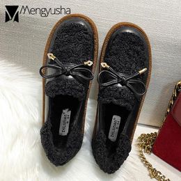 Casual Shoes Leather & Wool Fur Flat Woman Bowtie Plush Loafers Round Toe Oxford Creepers Winter Furry Moccasins Women Big Size43