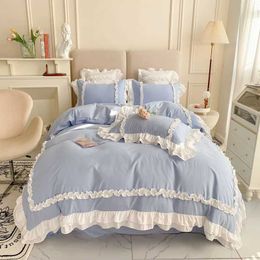 Bedding sets Elegant lace bedding luxury bedding linen princess washing cotton pleated edge down duvet cover luxury girl beddingQ240521