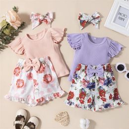 Clothing Sets Summer Toddler Baby Girl Outfits Solid Color Ruffles Short Sleeve Ribbed Tops Floral Print Bowknot Shorts Headband