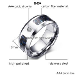 Band Rings 316L Stainless Steel Mens 8Mm Wedding Engagement Ring With Black Carbon Fibre Inaly Cubic Zirconia Drop Delivery Jewellery Dhbdj