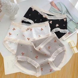 Women's Panties Cute Cartoon Girl Underwear With Lace And Bow Tie Pure Cotton Mid Waist Female Student