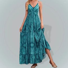 Casual Dresses Sexy Sleeveless Long Dress Women Sling Backless Boho Robe Summer Vintage Ethnic Print Beach Sundress Higt Waist Party