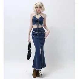 Work Dresses 2024 Y2K Women's Dress Sexy Denim Suit Vintage Straps Camisole Tank Top Open Trunpet Skirt Spring And Summer Two Pieces Set