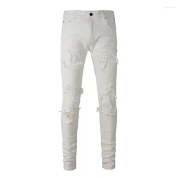 Men's Jeans EU Drip High Street Slim Fit Distressed Holes Ribs Patchwork Stretch Beige Ripped For Young Boy