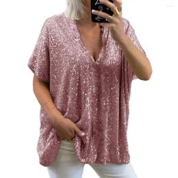 Women's Polos Women T-shirt Sequined V Neck Summer Solid Colour Short Sleeve Pullover Top For Daily Wear