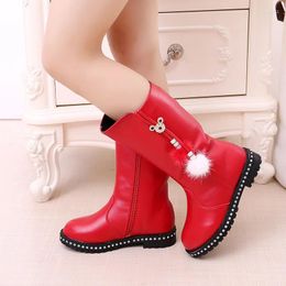 Boots Children'S Winter For Girls Rhinestone Flower Fashion Plush Princess Flats Dress Shoes Black Red Non-Slip Snow