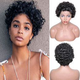 13X1 Pixie Curly Cut Lace Wig Human Hair Lace Wig Short Headband Natural Colour Crimp 150 Density 6 inches