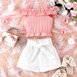 Clothing Sets FOCUSNORM 0-4Y Summer Kids Girls Lovely Clothes Outfits Cute Off Shoulder Ruffle T Shirts Bow Belt Shorts