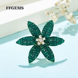 Cluster Rings FFGems Design 925 Silver Big Fllower Gold Ring Green Created Emerald Invisible Trend Fine Jewellery Women Wedding Party Gift