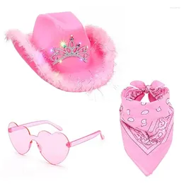 Berets LED Rhinestones Cowboy Costume Set Wide Brim Western Hat Neck Scarf Sunglasses Adult Girl Cosplay Party Accessories 3pcs