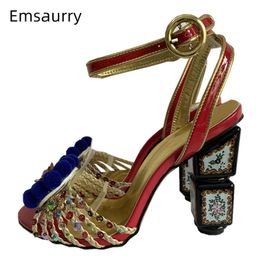 Weaving Sequins Narrow Band Wedding Shoes Bridal Print Chunky Heel Diamond Pompoms Ankle Strappy Sandals Women Summer 240509