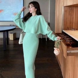 Work Dresses Female Knitted Sweater Set Women's Outfits Slim Fit Top And Hip Wrap Skirt Two-piece Sets Femme Ladies G576