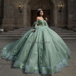 Sage Green Charro Quinceanera Dresses 2024 Off Shoulder 3D Flowers Vestio De 15 Anos Xv Quinceanera Masquerade Sixteen Birthday Party Dress Vestido De Xv Debutante