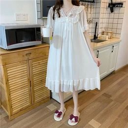 Women's Sleepwear Mesh Pyjamas Patchwork Night For Solid Summer Gown Women Wears Style Lace Korean Sweet Dress White