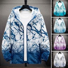 Men's Jackets Men Hooded Zippered Jacket Printed Long Sleeve Gradient Color Matching Coat With Zipper For Outdoor