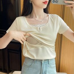 Summer Postpartum Woman Breastfeeding Cotton T-shirt Lace Patchwork Fake Two-piece Nursing Maternity Lactation Top and Tees L2405