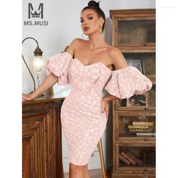 Party Dresses MSMUSI 2024 Fashion Women Sexy Off The Shoulder Floral Embroidery Puff Short Sleeve Bodycon Club Event Slim Mini Dress