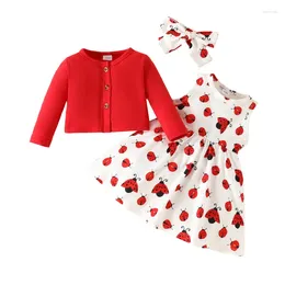 Clothing Sets Spring Baby Girl 6-24 Months Coat Sleeveless Dress Hairband 3Pcs Set Solid Color Long Sleeve Print Toddler Girls