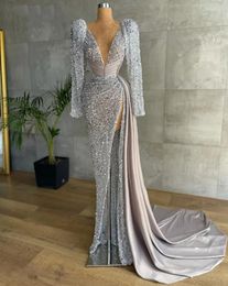 Muslim Grey Sequined mermaid Evening Dresses deep v neck New Long Sleeves Low high Side Split Exquisite Party Prom Gowns Customed Plus Size Dress