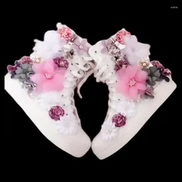 Casual Shoes Female Sneakers High Top Handmade Sweet Colorful Three-dimensional Pink Flowers Thick Soled Women Canvas White Cotton Shoe