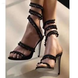 Summer Women's Sandals and European American High Heeled Super Drop-shaped Wrap Rhinestone Thin Shoes 822
