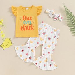 Clothing Sets Suefunskry Little Girls 2Pcs Summer Outfits Sleeve T-shirt Tops Chicken Print Flare Pants Set Toddler Casual Clothes 6M-4Y