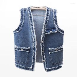 Women's Vests Vintage Blue V-Neck Big Pocket Denim Vest Women Waistcoat Frayed Burrs Cowboy Sleeveless Jacket Loose Short Jeans Female