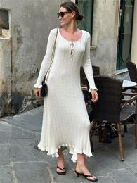 Casual Dresses Tossy Knit White Ruffled Maxi Dress Ladies Hollow Out Bandage Slim High Waist Lace-Up Fashion Party Elegant Women