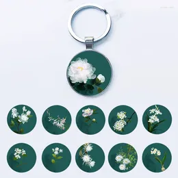 Keychains Elegant And Holy White Flower Round Glass Key Chains Plant Painting Pattern Metal Base Jewelry Gift For Girls FHL636