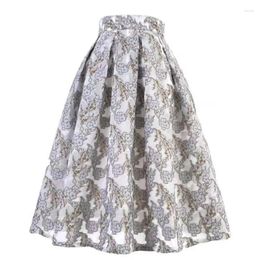 Skirts Vintage Style Elegant High Waist Long Pleated Midi Skirt For Women Aesthetic Grey Floral Embroidery Organza Summer 2024