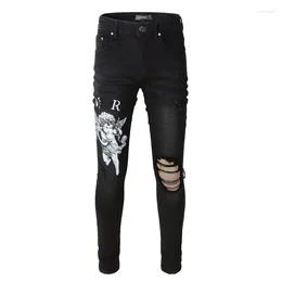 Men's Jeans Distressed Black Letters Printed High Stretch Skinny Streetwear Angel Pattern Hole Ripped