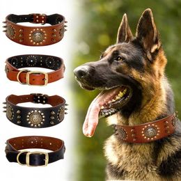 Dog Collars Leashes Durable Leather Collar Cool Spiked Studded Pet Dogs Adjustable for Medium Large Pitbull L XL H240522