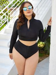 Women's Swimwear 2024 Plus Size Print Long Sleeve Black Women Zipper Two Piece Swimsuit Conservative High Waist Surfing Bathing Suit