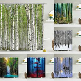 Shower Curtains Birch Trees Forest Landscape Curtain Waterproof Fabric Bathroom Natural Scenery Bath Screen With 12 Hooks